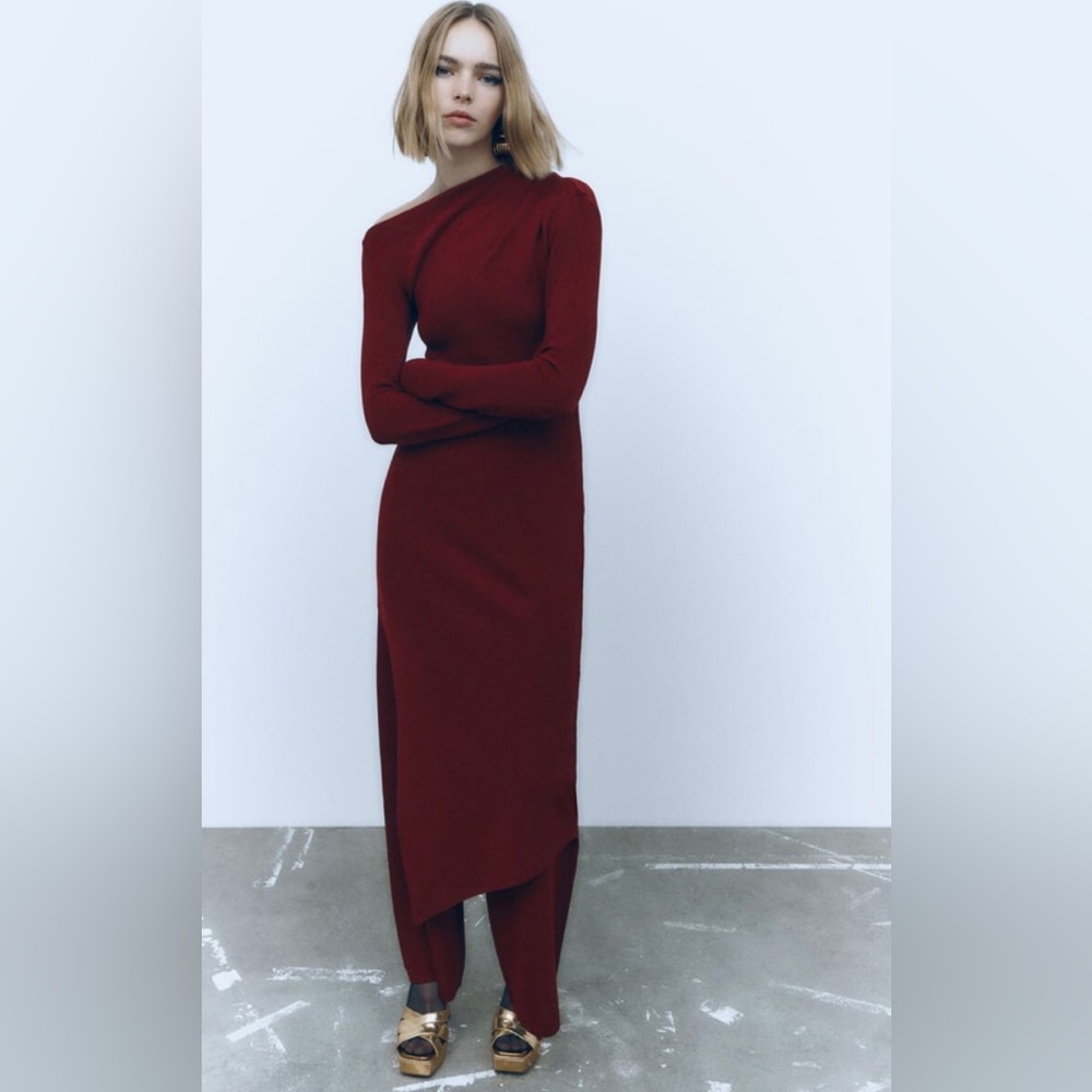 Zara Wide Leg Knit Pants Maroon Red Burgundy Small NWT
